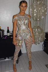 Silver Chain Bodysuit Dress| Evening Glam with Glitter Appliqué Dress