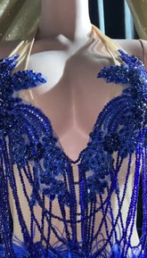 Blue diamante tulle mini dress with sparkling rhinestone details, perfect for parties and special occasions."