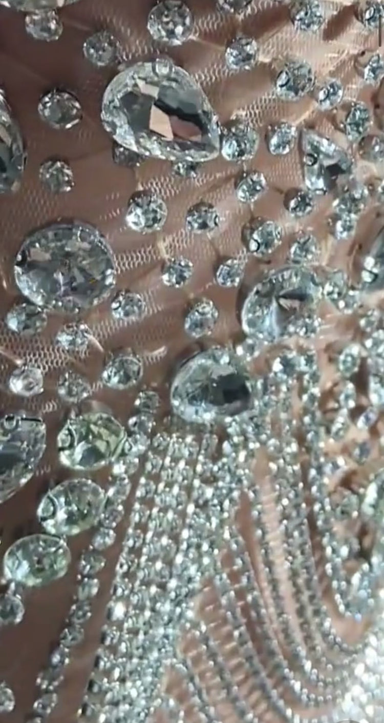 A sparkling Crystal Silver Bling Rhinestone Birthday Dress for ladies, featuring shimmering rhinestones and elegant details, perfect for special occasions.